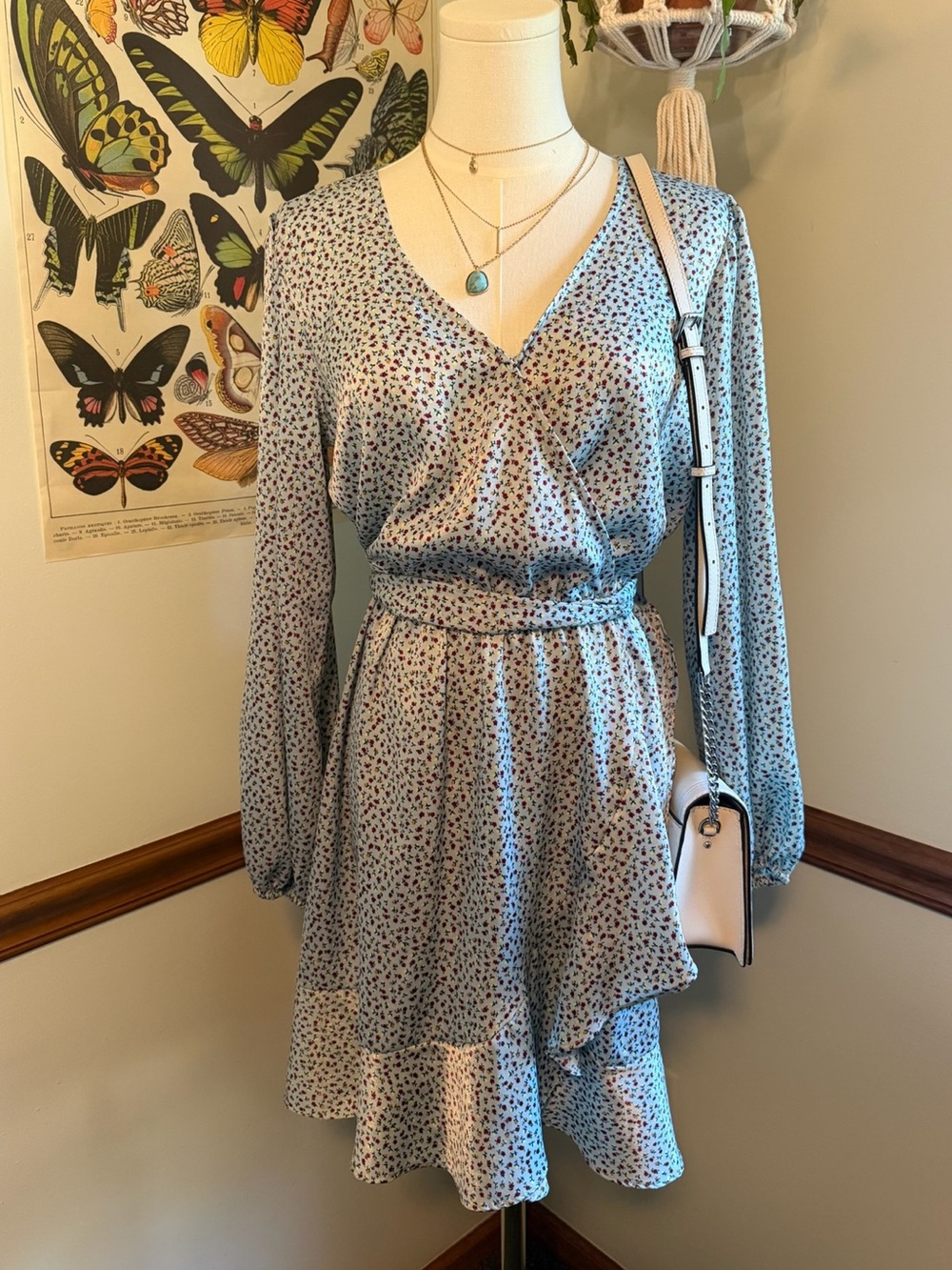 LC Lauren Conrad Light Blue Floral Wrap-Style Long Sleeve Dress